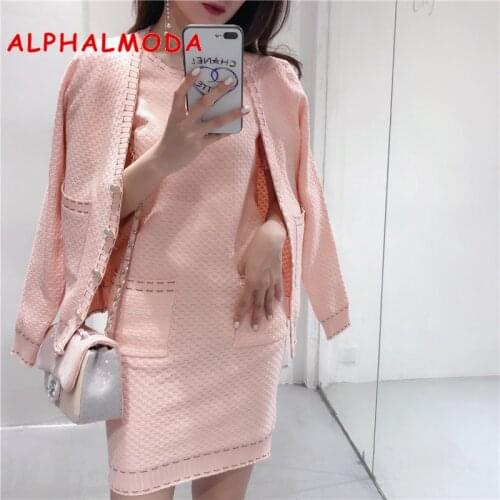 ALPHALMODA 2018 Autumn Winter Elegant Knitted Cardigans + Short-sleeved Knit Dress Women OL Casual Suits
