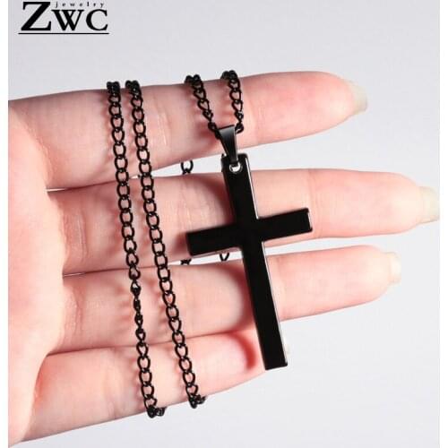 ZWC Fashion Stainless Steel Gold Black Cross Necklace for Women Men Vintage Chain Crystal Pendant Long Necklaces Jewelry Gift