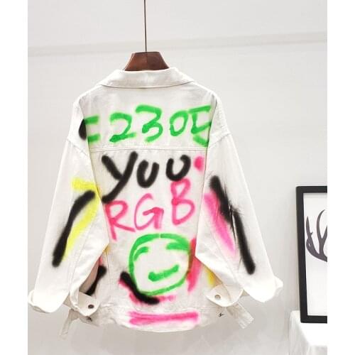 2021 Fashion Graffiti Appliques Hip Hop Jeans Jacket Women Spring Autumn Washing Material Denim Jackets Casual Streetwear Femme