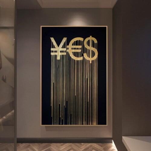 Golden RMB Euro And Dollar Abstract Canvas Painting Posters And Prints Money Symbol Picture On Wall Art Living Room Decoration