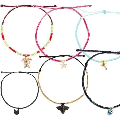 Black bee cat tortoise turtle starfish Coconut palm tree charms bracelets women handmade seed beads friendship bracelet wax