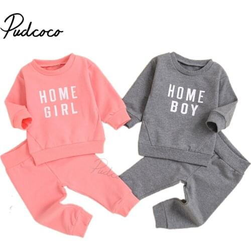 Children Baby Girls Boys Casual Two-piece Clothes Set, Letters Printed Pattern Round Collar Pullover and Pants, Grey/ Pink 6M-4T
