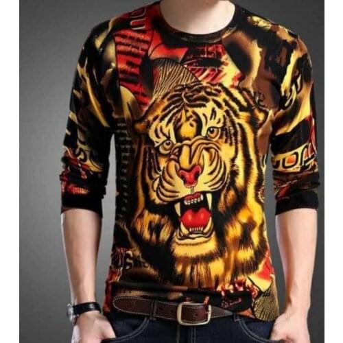 T-shirt Mens Casual Slim O-neck Animal 3D Print Chinese Style Long-sleeved Tshirt Sweater Spring Summer Fashion Top For Male