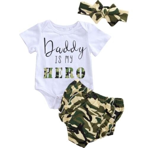 New 3Pcs Baby Summer Outfits Girls Short Sleeve Letters Romper Camo Shorts Headband Set