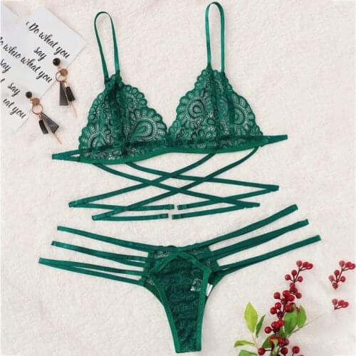 Sexy Lingerie Bra Set Women Green Sexy Lace Sling Bra Thong Set Bandage Underwear Sleepwear Lingerie Sets Lenceria