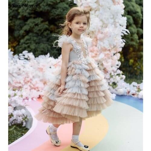 Lovely Lace Flower Girl Dresses Weddings Princess Tulle Appliqued Lace Kids Tea Length Girls Clothes Birthday Pageant Gowns
