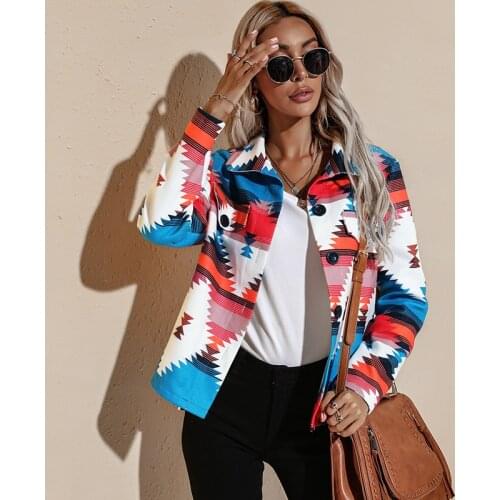 Puloru Women Geometric Coats Autumn Spring Casual Long Sleeve Turn-down Collar Button-down Jackets Fashion Lady Outerwear