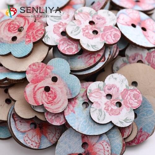 Fashion 25mm Cute Flower Round Mixed Shape Flower Print 30-90Pcs/Pack Wooden Button For Sewing Scrapbooking Clothing Accessories