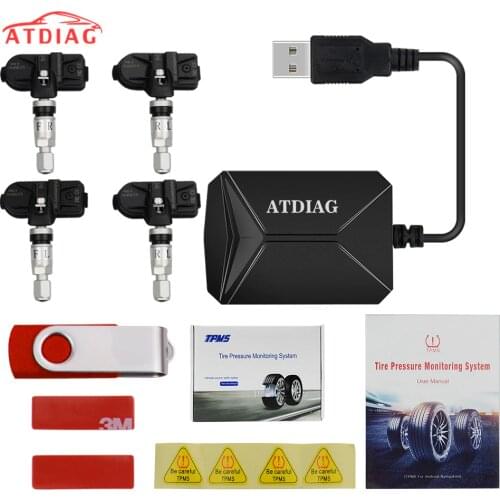 USB Android TPMS Car Tire Pressure Monitor with 4 External Sensors 116 psi Monitoring Alarm System 5V Wireless Transmission TPMS
