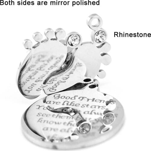 100% Stainless Steel Baby Foot Pendant With Crystal Metal Baby Feet Blank Tags Charm Pendants Mirror Polished Wholesale 10pcs