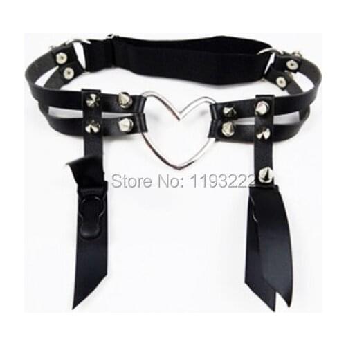 Kawaii Lolita Punk Rock Large Big Heart Garter Belt Handmade Double Studded Lace Ribbon Bullet Leg Ring Sock Suspenders