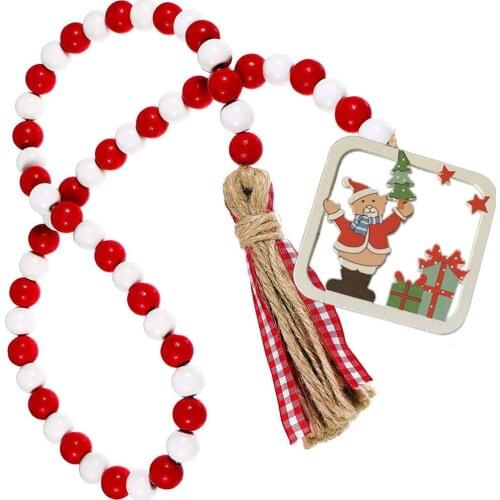 Christmas Wooden Beads String Pendant Santa Snowflake Elk Tassel DIY Decorated Christmas Ornaments