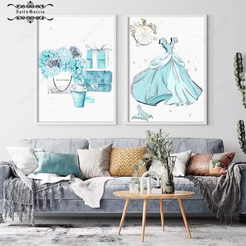 Nordic Minimalist Sky Blue Dress Handbags Present Flower Poster and Prints Girls Room Wall Art Decoration Interior Paintings