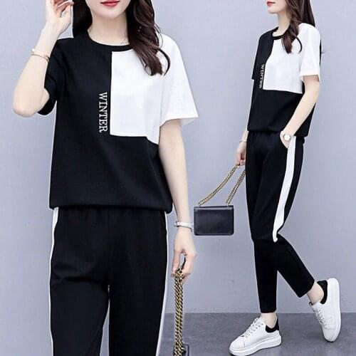 5XL Plus Size Tracksuit Women Two Piece Set Summer Clothes Colorblock Letter Print Pullover Top Pants Suits Casual Loose Outfits