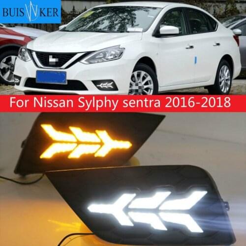 LED DRL daytime running light for Nissan Sylphy sentra 2016-2018 yellow turn signal, blue night light, wireless switch