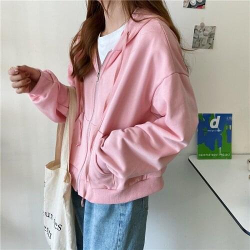 Zip up sweatshirt harajuku v neck 2021 autumn plus size hoodies Korean style loose lovers letter long sleeved shirt Solid color