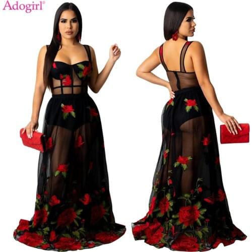 Adogirl Floral Embroidery Sheer Mesh Maxi Evening Party Dress with Underwear Women Spaghetti Straps Long Robe Plus Size S-5XL