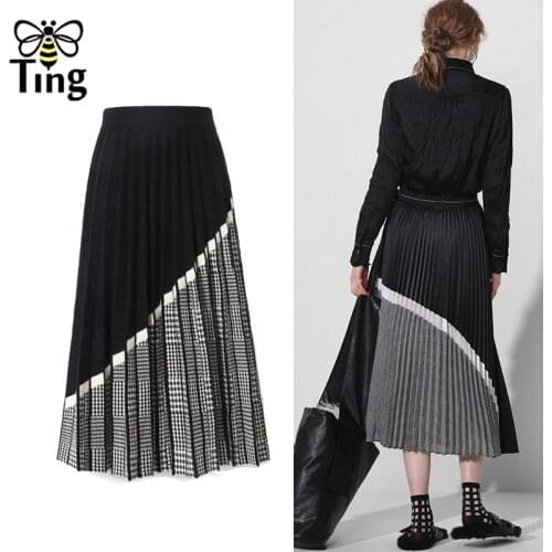 Tingfly 2021 Vogue New Plaid Patchwork Knitting Pleated Skirts Vintage Street Casual Spring Autumn Women Midi Skirts Saia Zaful