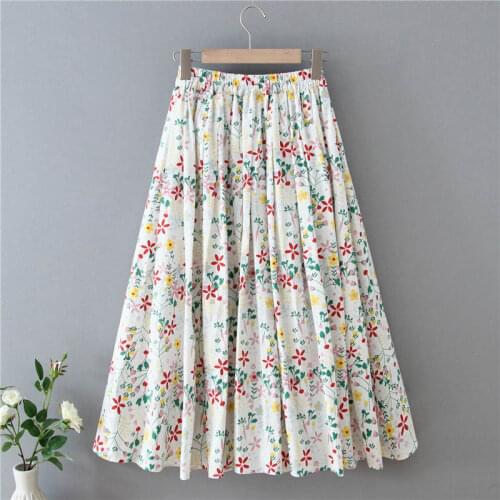 Floral High Waist Cotton Linen Summer Skirt Women Jupe Femme A-Line Sweet Harajuku Style Maxi Long Casual Skirts Womens C7314