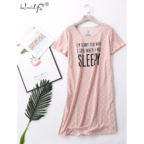 Casual Nights Women Summer Short Sleeve Cartoon Nightgown Sleepwear Night Dress Cat Printing Knitted Cotton Home Wear