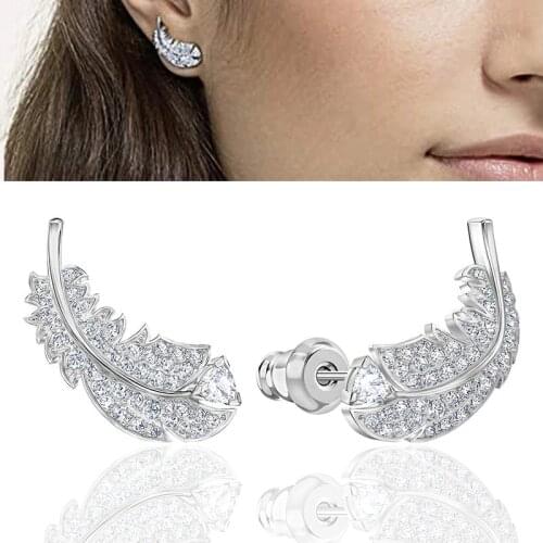 Gorgeous Feather Stud Earrings for Women Wedding 925 Silver Jewelry Angle Wing Crystal Diamonden Earrings Brincos Pendientes