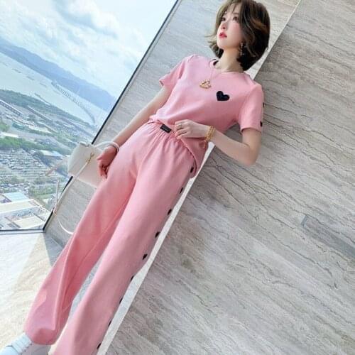 Ladies Two-piece Fashion Round Neck Love Sequins All-match T-shirt High Waist Wide Leg Pants Suit Spring and Summer New