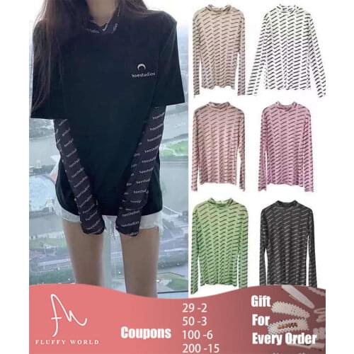 Women Tops Inner Cloth Crescent Pattern Sun Protection T-shirt Women Blouses Shirts Letter Pattern Pullover Tops Match T-shirts