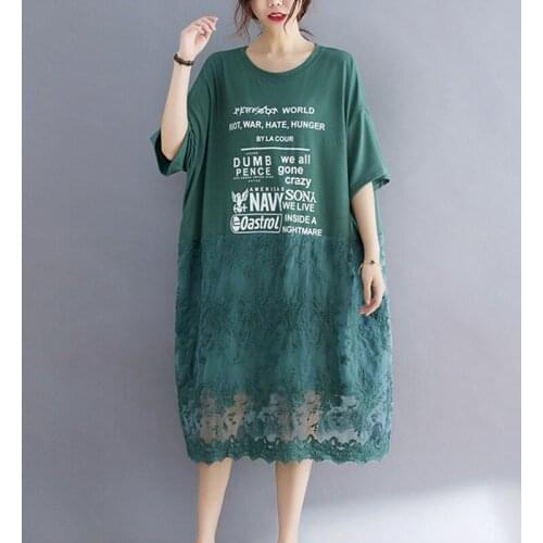 Korea Style Print Letter Lace Patchwork Sweet Girl Fashion Shirts Dress 2021 New Arrival Cotton Loose Women Summer Casual Dress