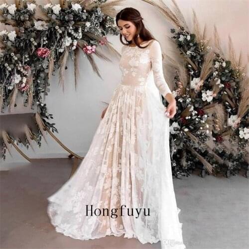 Boho Bridal Lace Long Sleeve Wedding Dresses A Line 2021 Robe Longue Simple Beach Tulle Long Wedding Gowns robe de mariée