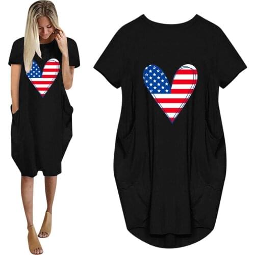 Women Casual Loose Dress With Pockets O Neck Short Sleeve Love Flag Print Long Tops Female Street Plus Size 5XL T-shirt Dress