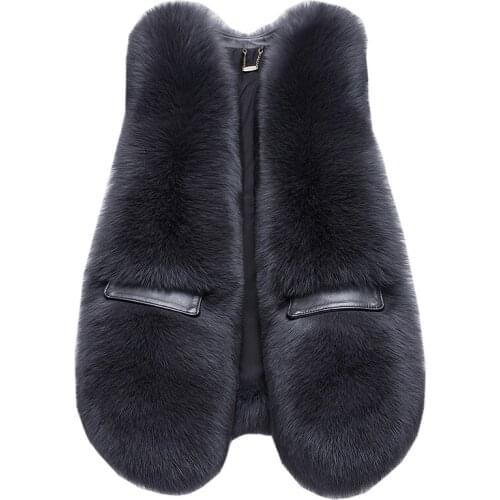 2020 new real fur genuine leather fox fur vest womens whole skin vest leather pocket fur vest