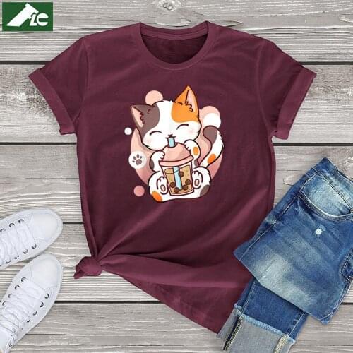 100 Cotton kawaii Cat Boba Tea t shirt women girls tops Anime clothes unisex cute Tea cat shirts vintage womens tee blouses 3xl