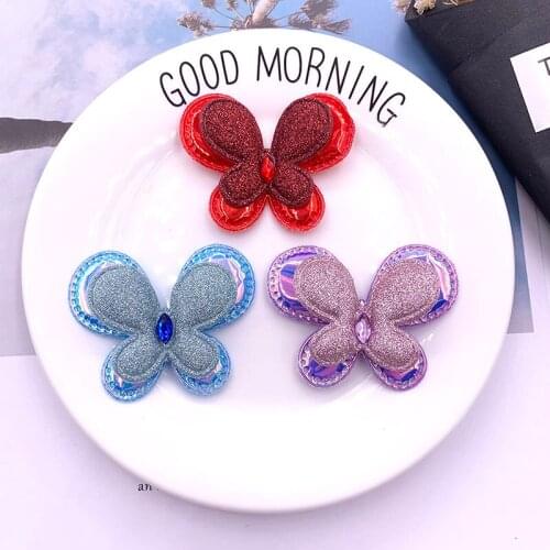 12Pcs/lot 6*5.2cm two layer shiny butterfly Padded Appliques for DIY hair clip accessories and Headwear Decor Patches
