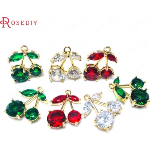 38187)6PCS 14x18MM 24K Champagne Gold Color Brass and Glass Cherry Charms Pendants High Quality Jewelry Findings Accessories