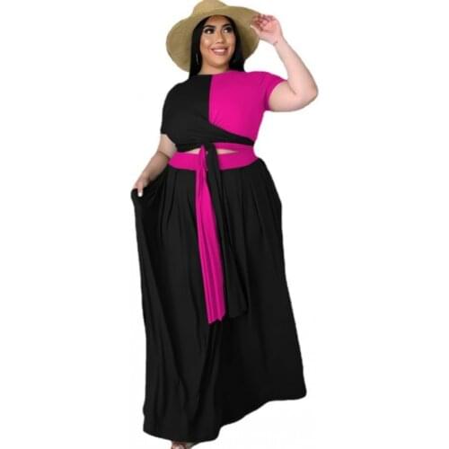 3XL Plus Size Skirts Sets Women Bandage T Shirt Crop Tops Long Skirt Suits 2021 New Splice Streetwear Casual 2 Piece Set Outfits