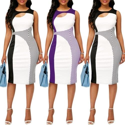 70% Hot Sell Plus Size Sexy Lady Summer Sleeveless Color Block Dots Print Cutout Sheath Dress