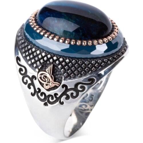 Blue TigerEye Stone 925 Sterling Silver Mens Ring with Tughra on sides Silver Ring for Men with Stone Ottoman Ring