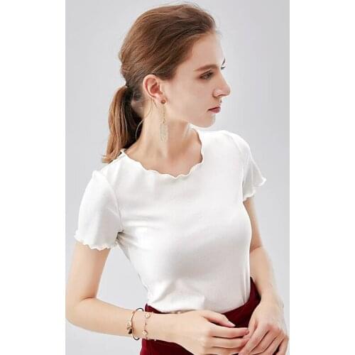 Basic Fitness Running Pure Cotton Plus Size Elastic White Black Casual High Street T Shirt Top Ruffles Base Tee Shirts Tops