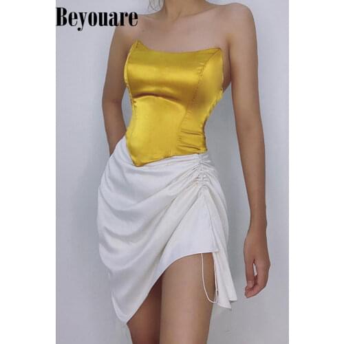 Beyouare Sexy Silk Women Tube Tops Solid Sleeveless Asymmetric Slim Skinny Corset Cropped Top 2021 Summer Casual Elegant Bustier