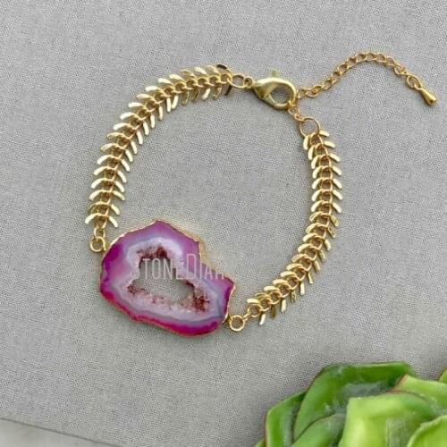 Irregular Hot Pink Druzy Agates Geode Connector Link Chain Bracelet For Women Gold Agates Geode Chain Bracelet Wholesale BM11251