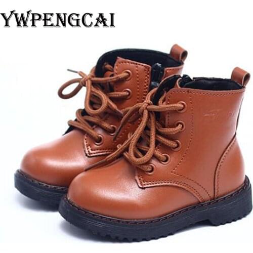 2019 Autumn Winter Unisex Boys Girls PU Leather Boots Kids Lace-up Zipper Brown Black Martin Boots Size 21-30