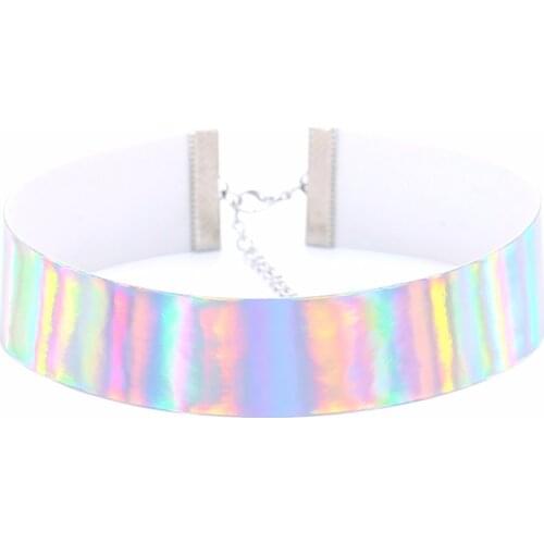 KMVEXO Trendy Holographic Choker Necklace Women 2020 New PU Leather Chocker Handmade Laser Chocker Rainbow Punk Gothic Necklace