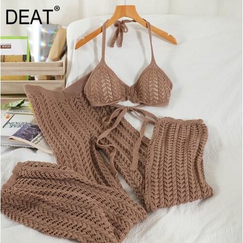 DEAT Women Knitting Sling Nackless Sexy Bra Long Pants New Arrivals Two Piece Set Temperament Fashion Spring Summer 2021 11D846