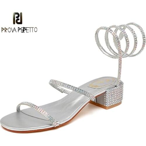 Summer Snake-shaped Winding Strap Sandals Thick Heel Square Toe Rhinestone T-shaped Strap Sandals Open Toe Roman Womens Shoes