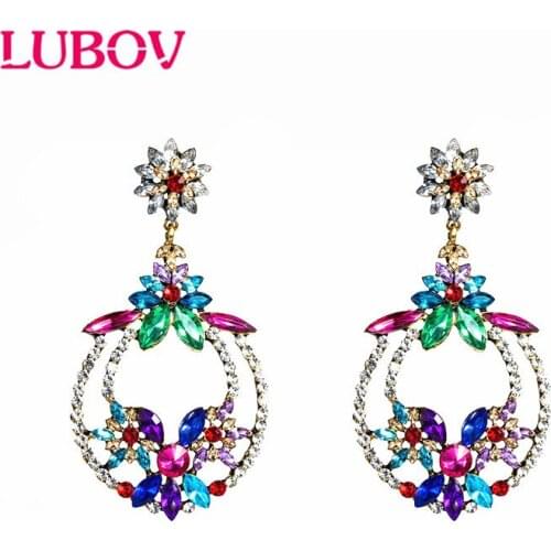 LUBOV Elegant Crystal Flower Pendant Drop Earrings Water Drop Rhinestone Piercing Earrings 4 Colors for Women Fashion Jewelry