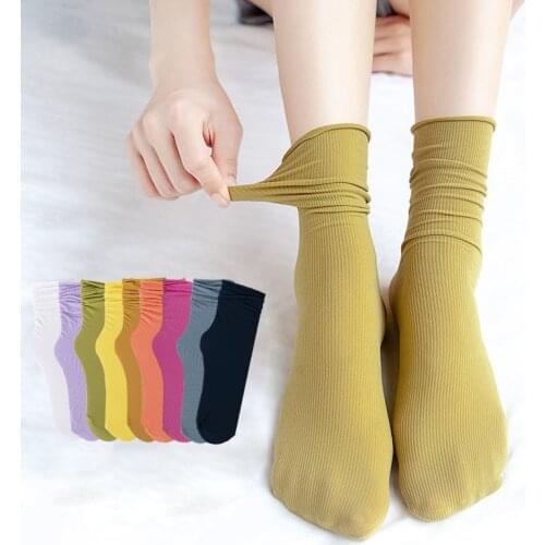 Breathable High Solid Colors Mid Tube Womens Long Socks Crimped Socks Under Knee DIY Loose Frilly Soft Velet Socks for Girls