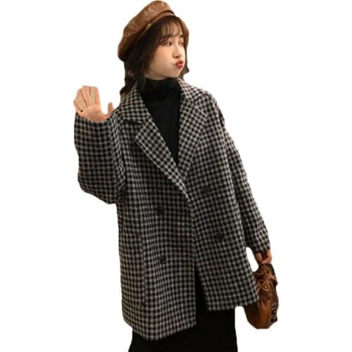 New Vintage Plus Size Womens 2020 Autumn Winter Blazer Suits Korean Loose Thick Plaid Suit Mid-length Woolen Coat Jacket B723