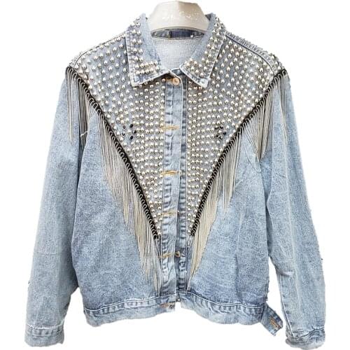 Autumn Fashion Rivet Tassel Denim Jackets Women Korean Fashion Loose Short Student Outerwear Black Blue Jeans Jacket Coat Female