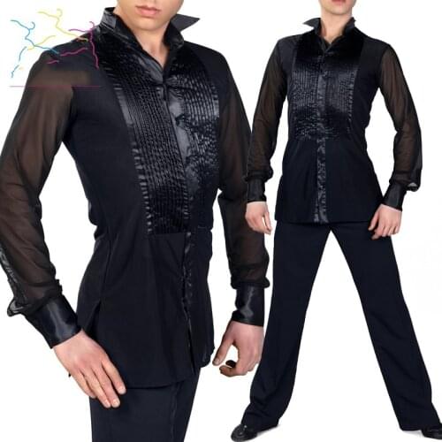 High Quality MenS Autumn Latin Dance Tops Long-Sleeved Pleated Shirt Ballroom Performance Clothes Male Competition Shirt DL4751