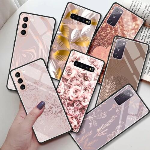 Glass Case For Samsung Galaxy S20 FE S10 Plus S21 Ultra Note 10 Lite 20 S9 S10e S8 9 Tempered Phone Cover Rose Pink Bling Funda